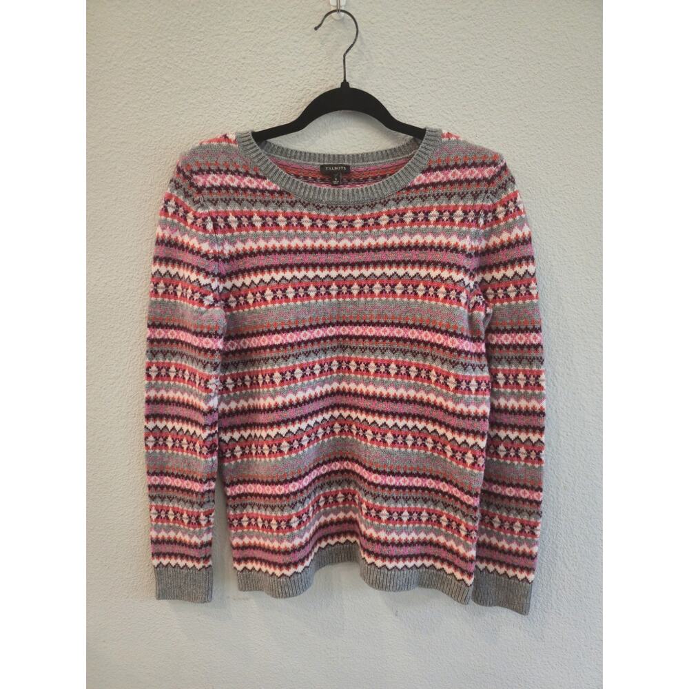 Talbots Women's Pink Gray Fair Isle Knit Lambswool Blend Sweater Size S - Picture 2 of 6